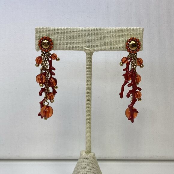 Joan Rivers Enamel Faux Coral Branch Beaded Dangle Post Earrings Red - Picture 2 of 7